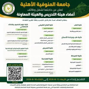 جامعة المنوفية الأهلية تعلن وظائف أكاديمية جديدة في 8 كلية