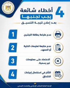 بعد إعلان نتيجة التنسيق.. 4 أخطاء يجب على الطلاب تجنبها لاستكمال إجراءات الالتحاق 2 4 أخطاء يجب على الطلاب تجنبها لاستكمال إجراءات الالتحاق