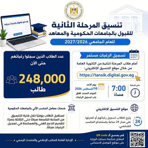 تنسيق المرحلة الثانية 2026.. 248 ألف طالب سجلوا رغباتهم والساعة 7 مساءً آخر موعد للتسجيل 2 تنسيق المرحلة الثانية 2026.. 248 ألف طالب سجلوا رغباتهم والساعة 7 مساءً آخر موعد للتسجيل