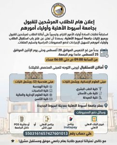 مواعيد سداد المصروفات لطلاب جامعة أسيوط الأهلية