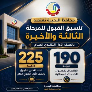 تنسيق المرحلة الثالثة بالبحيرة 2026.. 225 درجة للثانوي العام و190 لفصول الخدمات