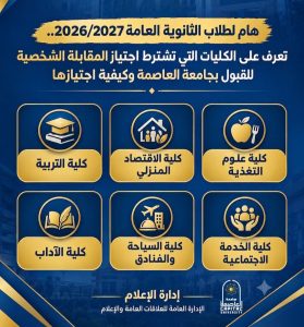 لطلاب الثانوية العامة.. كليات تشترط اجتياز المقابلة الشخصية بجامعة العاصمة 3 جامعة العاصمة