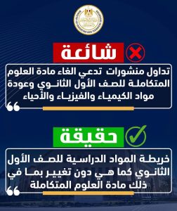 حقيقة إلغاء العلوم المتكاملة لأولى ثانوي وعودة الكيمياء والفيزياء والأحياء.. التعليم تحسم الجدل 2 حقيقة إلغاء العلوم المتكاملة لأولى ثانوي وعودة الكيمياء والفيزياء والأحياء.. التعليم تحسم الجدل