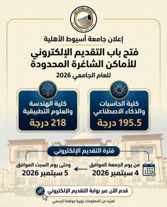 FB IMG 1788451464075 جامعة أسيوط الأهلية تفتح التقديم بكليات الحق مكانك قبل اكتمال الأعداد.. جامعة أسيوط الأهلية تفتح التقديم بكليات تبدأ من 170 درجة موقع في الجامعة