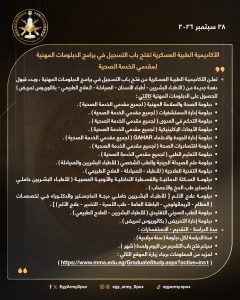 FB IMG 1790592021428 الأكاديمية الطبية العسكرية تفتح باب التسجيل الأكاديمية الطبية العسكرية تفتح باب التسجيل في 14 دبلومة مهنية لمقدمي الخدمة الصحية.. إليك التخصصات موقع في الجامعة