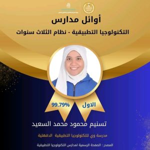 بعد تعديل درجتها في اللغة العربية.. طالبة «WE» بالدقهلية تتصدر أوائل دبلوم التكنولوجيا التطبيقية بنسبة 99.79%
