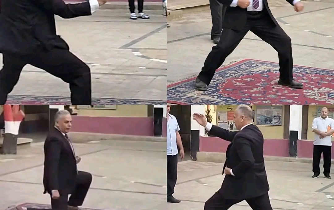 مدير مدرسة يمارس الرياضة الكاراتيه أمام الطلاب