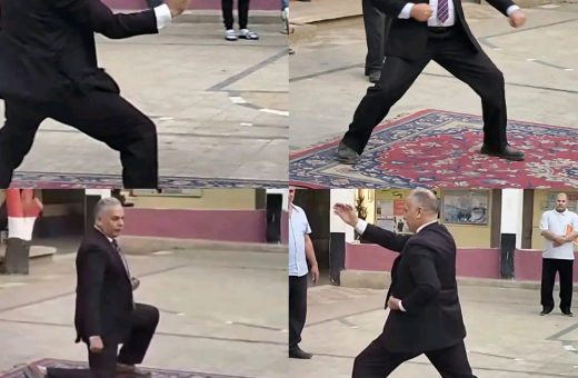 مدير مدرسة يمارس الرياضة الكاراتيه أمام الطلاب