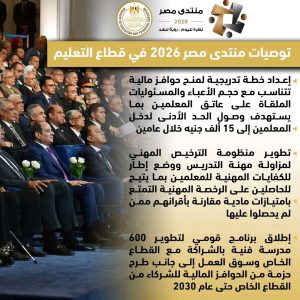 التعليم تنشر توصيات منتدى مصر 2026: 500 مدرسة يابانية ورفع الحد الأدنى لدخل المعلمين إلى 15 ألف جنيه